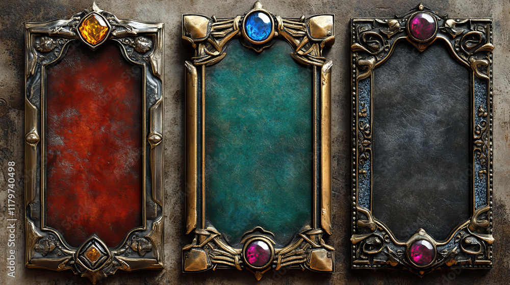 Empty square silver frames in medieval style for game ui design. Vector ...