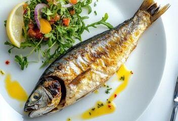 Poster - Fried sea bass with spicy salad and sauce on a plate