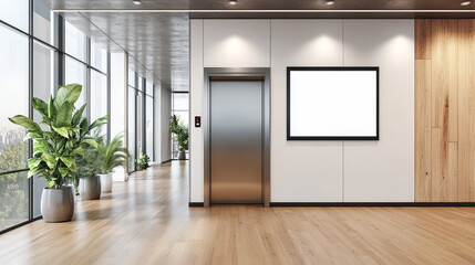 Realistic elevator with open door and TV screen on wall in office or modern hotel hallway, empty lobby interior with lift, wooden floor and blank display, indoor transportation 3d vector illustration