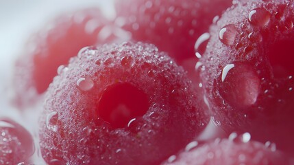 Sticker - Close-up of fresh raspberries covered in water droplets.  The vibrant red color and glistening texture are highlighted, showcasing their juicy freshness.