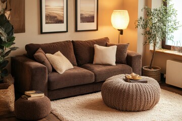 Sticker - Inviting living room with brown sofa pouf beige carpet lamp decorative elements plant and coffee table Comfortable interior design template