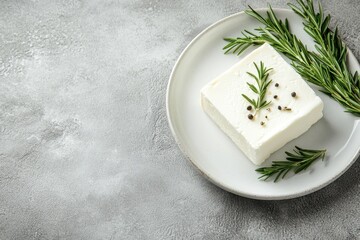 Wall Mural - Ricotta cheese dish Italian favorites include ricotta Ricotta or cottage cheese with rosemary on a white plate