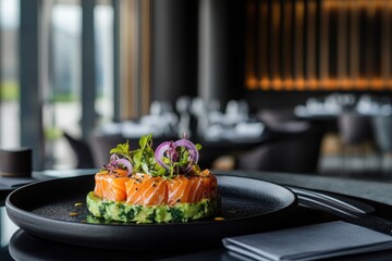 Sticker - Salmon and avocado salad with purple onion presented in a ring on a black plate against a dark concrete backdrop