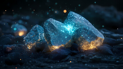 Glowing rocks with sparkling particles on dark surface at dusk. Glowstone. Illustration