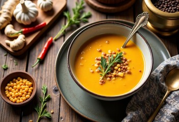 Wall Mural - Orange soup with herbs and spices on wooden table