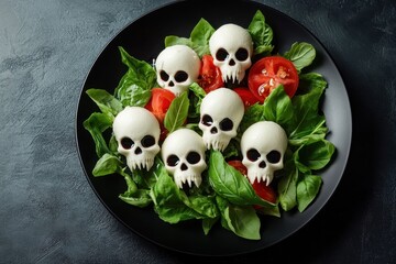 Poster - Spooky Halloween dish Caprese salad with mozzarella skulls basil and balsamic on a black plate Humorous food concept