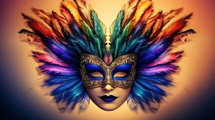 Wall Mural - Carnival is a vibrant festival of creativity. People wear artistic masks to celebrate. Colorful Feathered Masquerade Mask with Vibrant Details