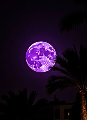 purple full moon with palm tree silhouettes at night
