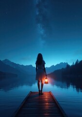 Wall Mural - Woman holding lantern on dock at twilight with mountains in the background