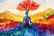 © mohdfaizal - Colorful Meditation Scene with Silhouette of a Person Sitting Cross-Legged with a Tree Growing from Their Head Over Vibrant Landscape Background