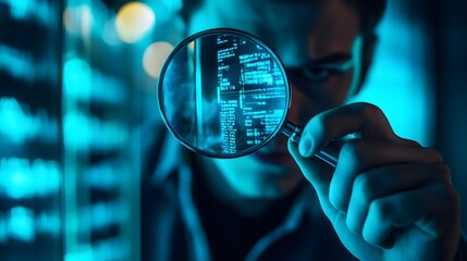 Person inspecting code through a magnifying glass