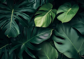 Wall Mural - A dark green summer background with various tropical leaves, such as monstera and ferns