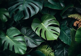 Wall Mural - A dark green summer background with various tropical leaves, such as monstera and ferns