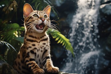 Sticker - Portrait of a smiling ocicat cat on backdrop of a spectacular waterfall