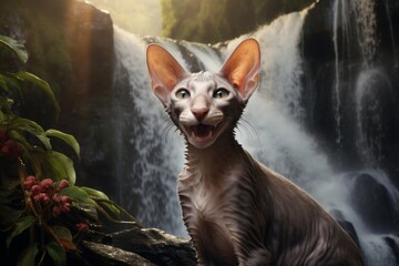 Sticker - Portrait of a smiling peterbald cat on backdrop of a spectacular waterfall