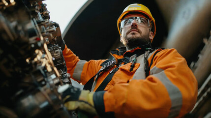 Wall Mural - maintenance engineer in safety gear inspects machinery with focus and determination