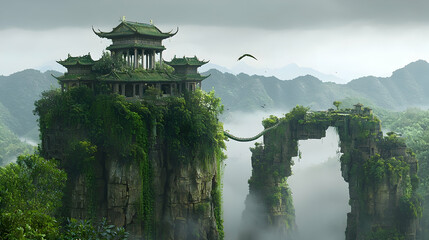 Mountaintop Pavilion, Misty Landscape, Asian Architecture, Bridge, Fantasy.