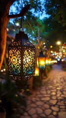 Wall Mural - Amazing glowing Ramadan lanterns, peaceful night atmosphere with beautiful village views