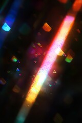 Sticker - Explore the mesmerizing beauty of prismatic light leaks and vibrant, colorful rainbow bokeh set against a dark, intriguing backdrop, which collectively creates a unique and modern abstract feel