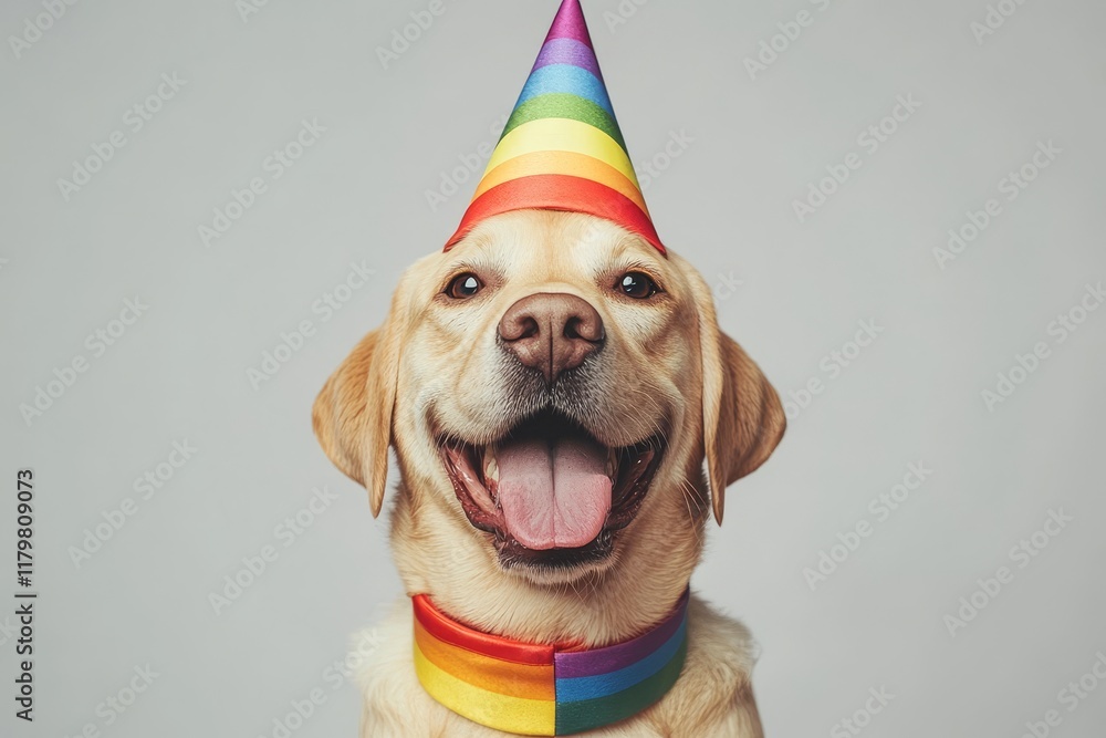 Happy Labrador Retriever Wearing Rainbow Party Hat and Collar ...
