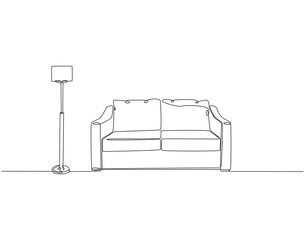 Wall Mural - Continuous one line drawing of sofa with floor lamp. One line drawing illustration of sofa with lampshade. Interior room, decoration concept line art. Editable outline