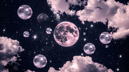 Wall Mural - pink moon, bubbles, night sky, clouds, fantasy art, album cover.