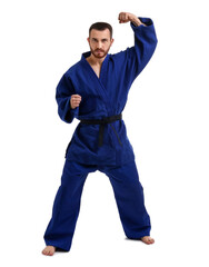 Wall Mural - Man in uniform practicing karate on white background