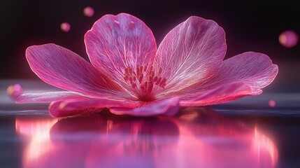 Wall Mural - Glowing pink flower, digital art, dark background, sparkling particles, website design.