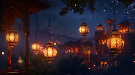 Wall Mural - Amazing glowing Ramadan lanterns, peaceful night atmosphere with beautiful village views