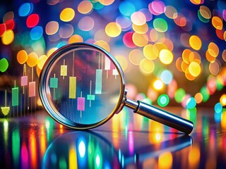 Wall Mural - Magnifying Glass on Colorful Financial Charts - Data Analysis Stock Photo