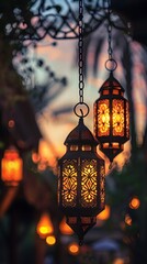 Wall Mural - Amazing glowing Ramadan lanterns, peaceful night atmosphere with beautiful village views