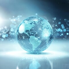 Canvas Print - A light blue hologram of Earth is inside a transparent glass sphere, symbolizing technological advancements and the interconnectedness of the internet through global network lines