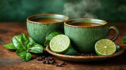 Wall Mural - Two steaming cups of herbal tea with lime slices and leaves.