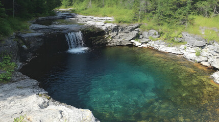 Poster - Scenic Waterfall Flowing into Clear Natural Pool Surrounded by Greenery and Rocks