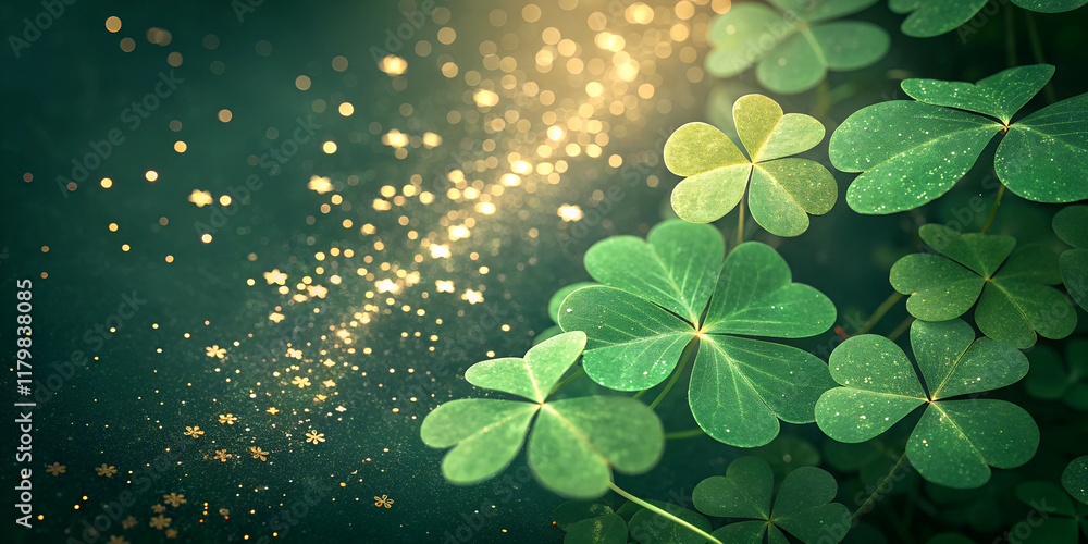 Lush green clover leaves with sparkling gold dust in magical light ...