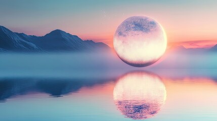 Wall Mural - Serene Sunset Sphere Over Misty Mountain Lake