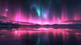 Vibrant aurora borealis reflected in a calm lake at night.
