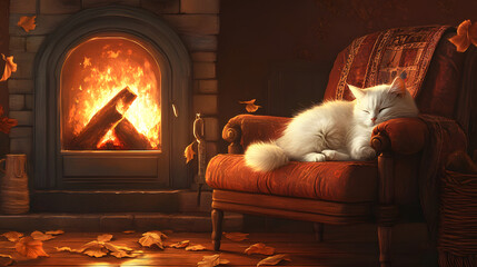 A serene domestic scene with a fluffy white cat curled up on a cozy armchair next to a crackling fireplace, exuding warmth and relaxation 