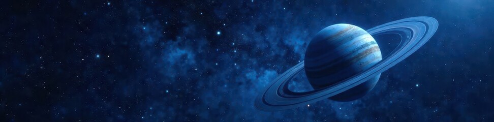 dark blue planet with rings against starry night sky, celestial, night sky