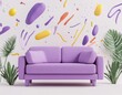 © DZMITRY - A 3D render in a minimal art style depicts a floating island with blue clouds and flying bubbles, a purple sofa on a green lawn, and an array of potted plants, multicolor trees, and bushes. Cozy home