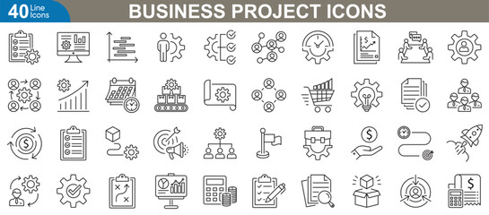 comprehensive business project line icons set. related planning, team collaboration, financial growt