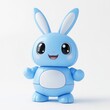© DZMITRY - A pleasant, tiny blue robot with a luminous, smiling face, eyes, and ears on the screen, providing customer support. A charming robotic toy and entertaining personal assistant robot, presented in a