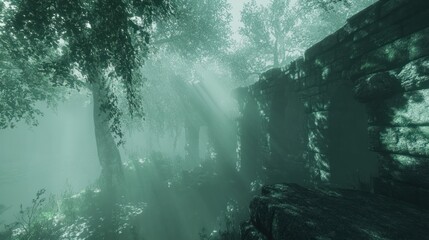 Wall Mural - Sunlit ruins shrouded in a mystical forest.