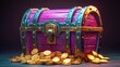 © visual artstock - Purple wooden treasure chest overflowing with gold coins on dark background, game asset, digital art.