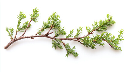 Tree branch with green leaves isolated on white background, fresh spring or summer nature twig plant.