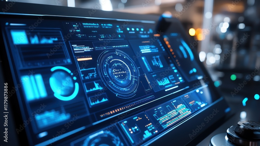 Complex digital interface showing real time information, charts, and ...