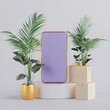 © DZMITRY - Basic beige cardboard boxes with brown tape, a green plant in a red pot resting on a purple smartphone. A pile of boxes stacked with sealed goods, personal items, and home supplies for a move. 3D