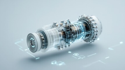 Poster - Futuristic Transparent Mechanical Component with Digital Circuitry Illustrating Advanced Technology and Innovation in Industrial Design and Engineering Applications