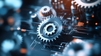 Poster - Detailed Close-Up of Interlocking Gears Representing Technology, Innovation, and Engineering Concepts with Abstract Circuit Patterns and Digital Elements