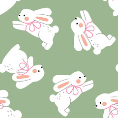 Wall Mural - Seamless vector pattern with cute white rabbits. Hand drawn Easter bunny pattern. EPS 10 vector file. Perfect for textile, wallpaper or nursery print design.